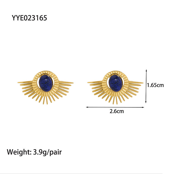 1 paire de boucles d'oreilles géométriques en forme d'oeil du diable, incrustation en acier inoxydable, Lapis Lazuli plaqué or