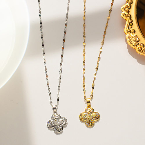 Simple Style Flower Stainless Steel Plating Inlay Zircon Pendant Necklace