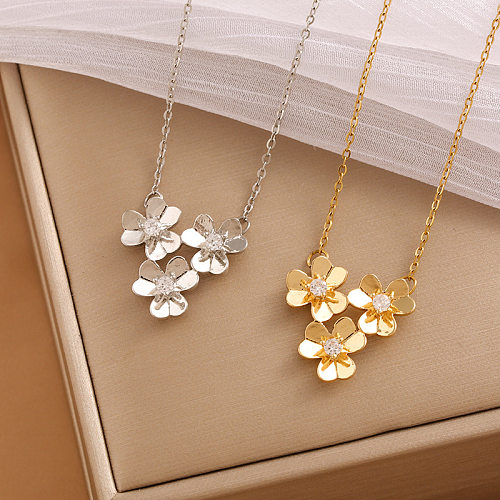 Collier pendentif en strass incrusté d'acier inoxydable de feuille de style simple