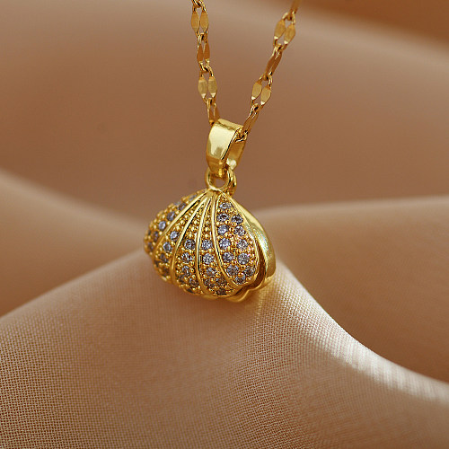 Collier avec pendentif en forme de coquille de plage, Style Simple, en acier inoxydable, placage de cuivre, incrustation de perles en Zircon