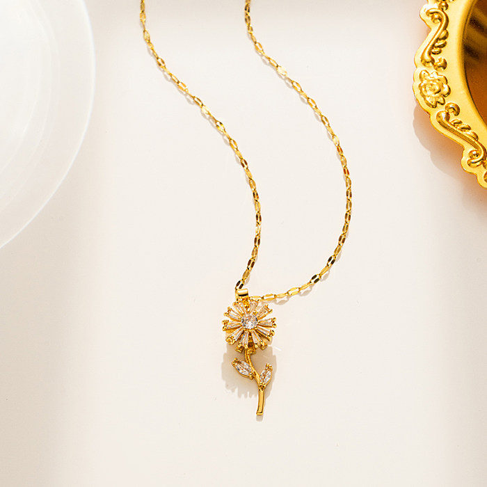 Girassol bonito chapeamento de aço inoxidável incrustação de pedras preciosas artificiais colar com pingente banhado a ouro 18K