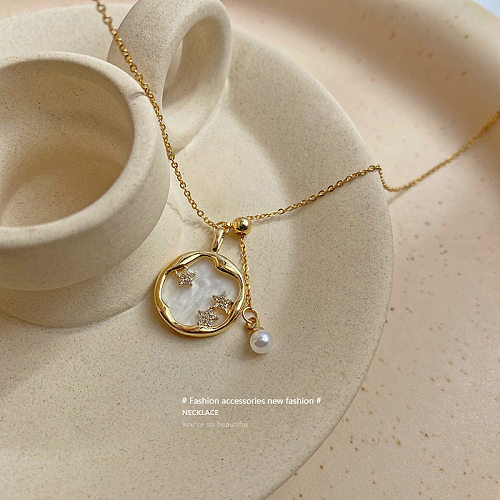 Stainless Steel Inlaid Zircon Pendant Korean Simple Pearl Necklace