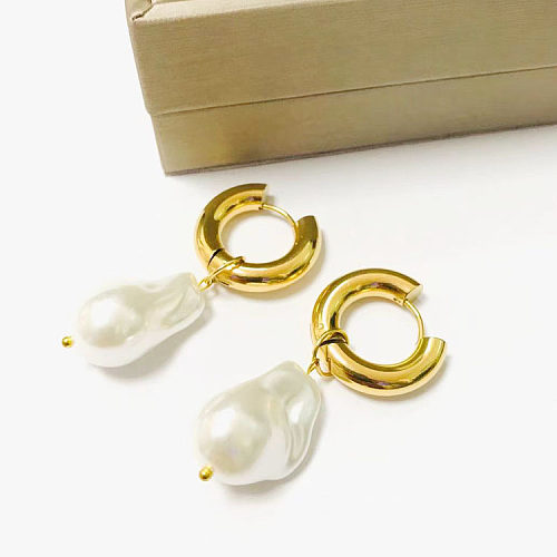 Pendientes colgantes de perlas artificiales chapados en oro, geométricos, de acero inoxidable, 1 par
