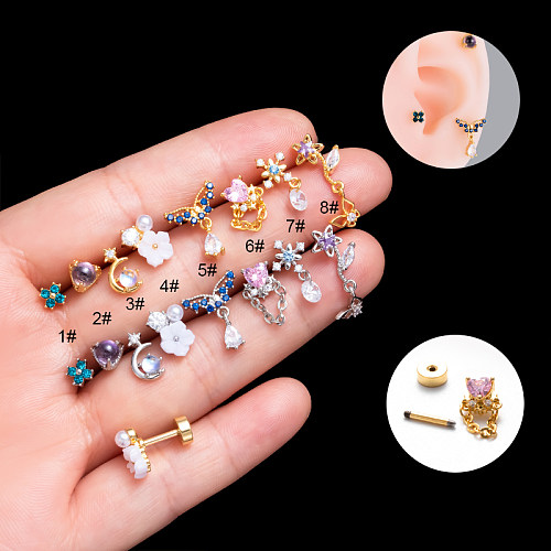 1 Piece Lady Vacation Classic Style Water Droplets Heart Shape Flower Plating Inlay Stainless Steel  Copper Zircon 18K Gold Plated Rhodium Plated Ear Studs Cartilage Earrings