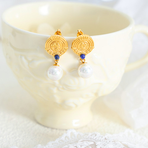 1 par de pendientes colgantes chapados en oro de 18K con perlas de cristal de acero inoxidable con incrustaciones redondas elegantes estilo IG