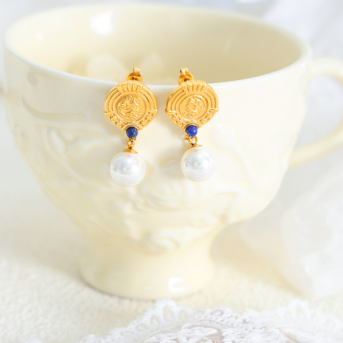 1 par de pendientes colgantes chapados en oro de 18K con perlas de cristal de acero inoxidable con incrustaciones redondas elegantes estilo IG