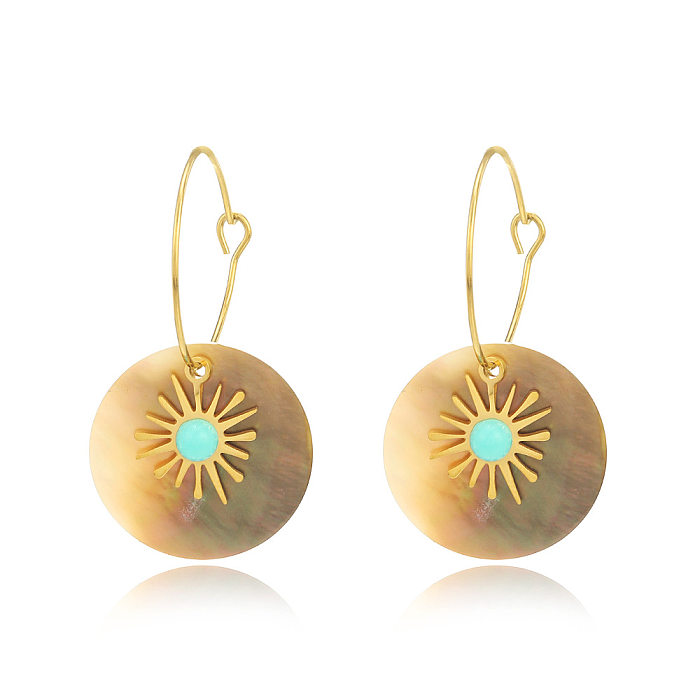 Vacation Round Stainless Steel  Gold Plated Turquoise Shell Earrings 1 Pair
