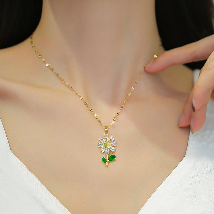 Fashion Flower Stainless Steel Copper Plating Inlay Zircon Pendant Necklace