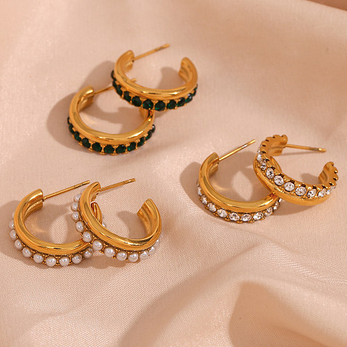 1 paire de clous d'oreilles brillants en forme de C, incrustation de strass en acier inoxydable, perles plaquées or 18 carats