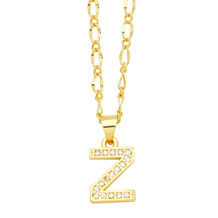 Casual Simple Style Letter Stainless Steel  Copper Plating Inlay Zircon 18K Gold Plated Pendant Necklace Long Necklace