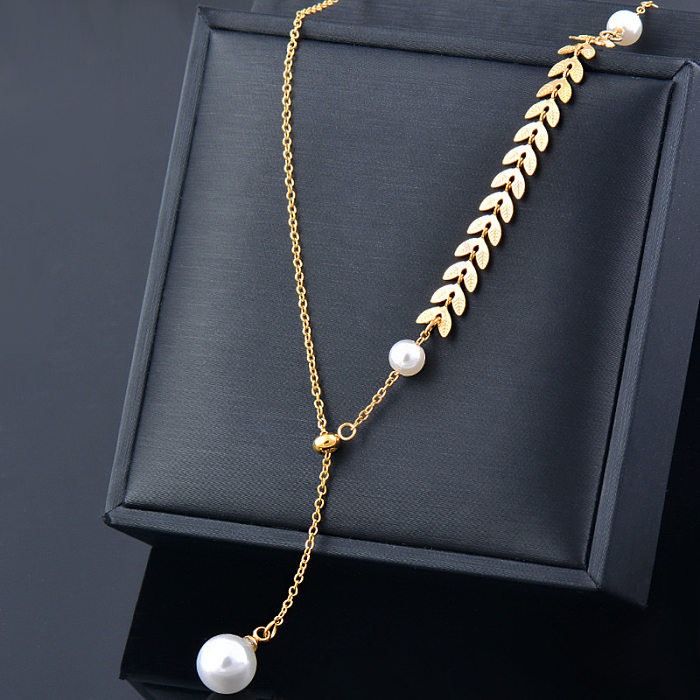 Collar con colgante de perlas artificiales con incrustaciones de acero inoxidable y hoja de estilo simple, 1 pieza