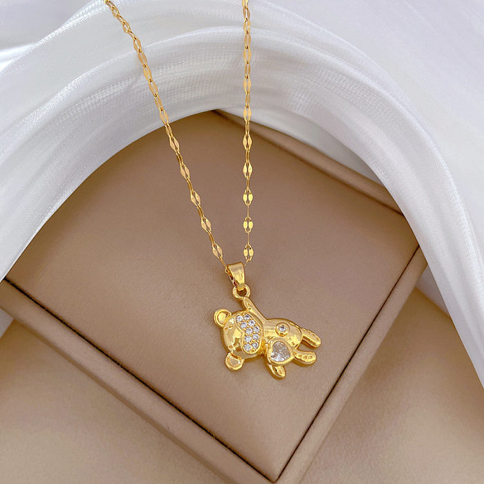 Simple Style Little Bear Stainless Steel  Copper Inlay Zircon Gold Plated Pendant Necklace