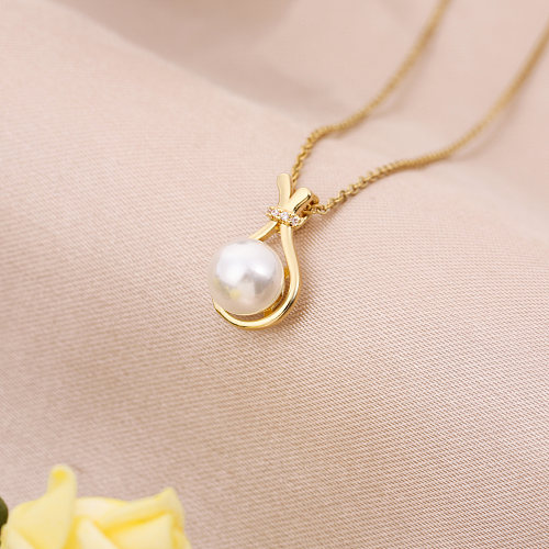 Elegant Simple Style Geometric Stainless Steel  Plating Inlay Artificial Pearls 18K Gold Plated Pendant Necklace