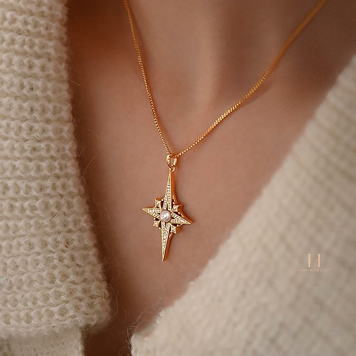 Sweet Commute Shiny Four Eight-Pointed Stars Stainless Steel  Plating Inlay Zircon Gold Plated Pendant Necklace