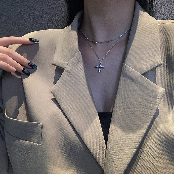 Stainless Steel Cross Light Luxury Niche Stitching Necklace Female Trendy Hip Hop Zircon Clavicle Chain Wholesale