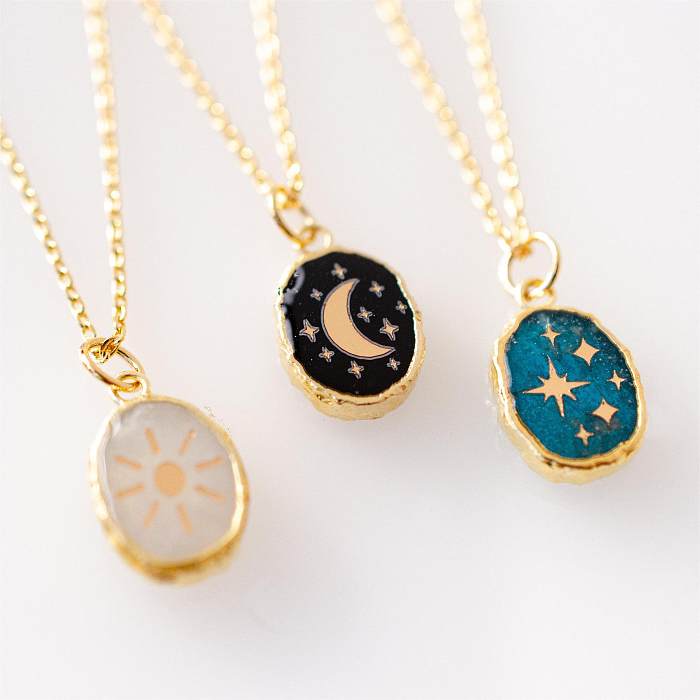 Simple Style Korean Style Star Moon Stainless Steel  Enamel Plating Inlay Zircon 18K Gold Plated Pendant Necklace