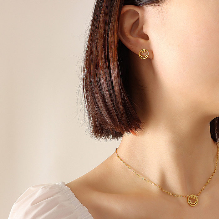 Ensemble de boucles d'oreilles et Bracelet en acier inoxydable pour femme, collier et clavicule Smiley à la mode