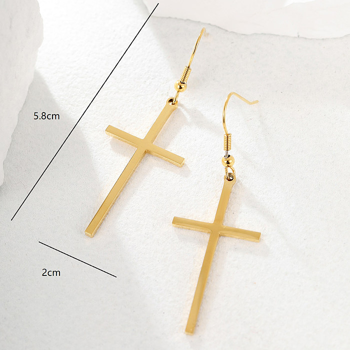 Crochet d'oreille en Zircon plaqué acier inoxydable, croix de Style Simple, 1 paire