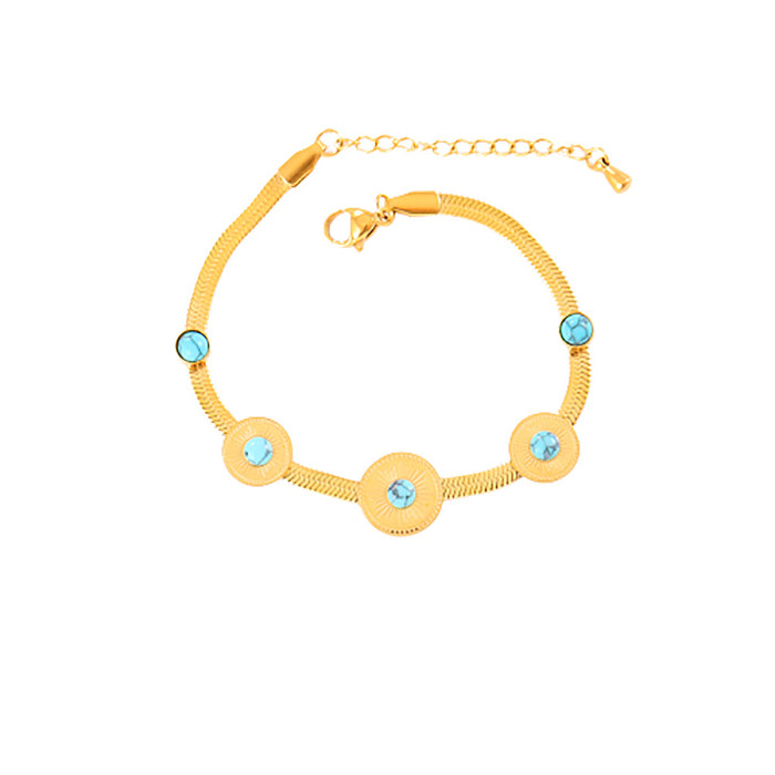Vacation Roman Style Round Titanium Steel Plating Inlay Turquoise 18K Gold Plated Bracelets