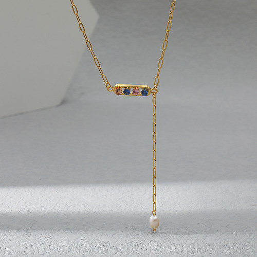 Modische einfarbige Edelstahl-Halskette, Perlen-Inlay, Zirkon-Edelstahl-Halsketten, 1 Stück