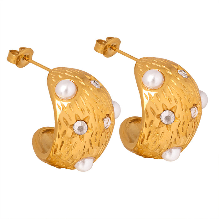 1 paire de perles d'imitation en acier inoxydable, élégantes et luxueuses, incrustations de couleur unie, perles artificielles, strass, clous d'oreilles plaqués or 18 carats