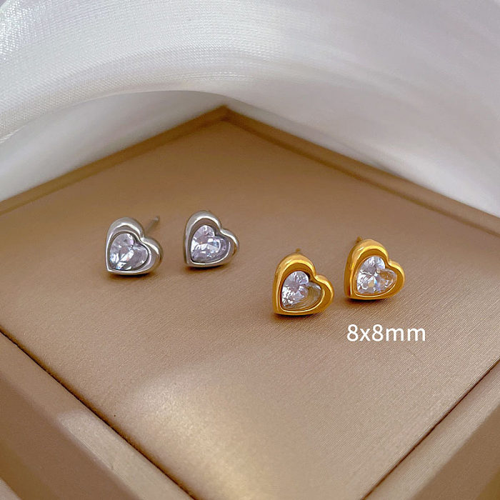 1 Pair Simple Style Heart Shape Stainless Steel Inlay Zircon Ear Studs