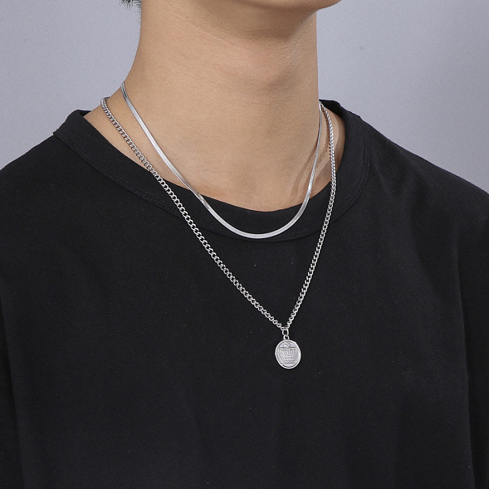 Modische Halskette mit rundem Kronen-Anhänger und Edelstahlbeschichtung, 1 Stück