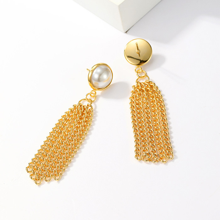 1 Pair Simple Style Tassel Stainless Steel  Plating Inlay Pearl Gold Plated Drop Earrings