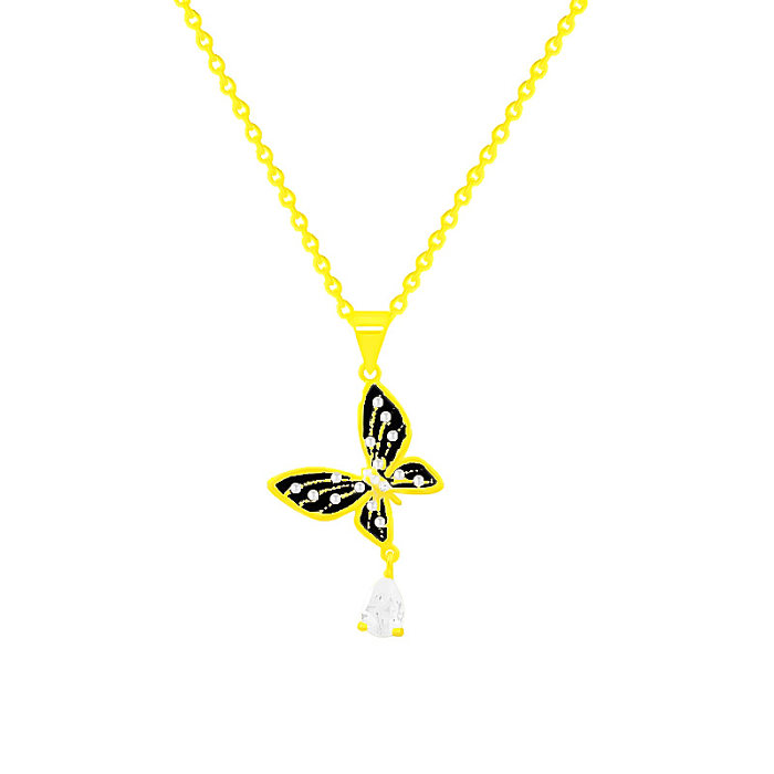 Einfache Halskette mit Anhänger in Form von süßen Wassertropfen, Schmetterling, Edelstahl-Beschichtung, Intarsien, künstlichen Perlen, Zirkon, vergoldet