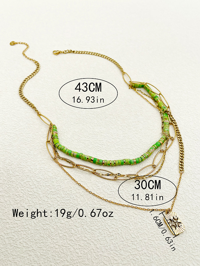 Streetwear Rechteckige Halsketten aus Edelstahl mit weicher Tonbeschichtung, Inlay, Strasssteinen und vergoldeten Lagen