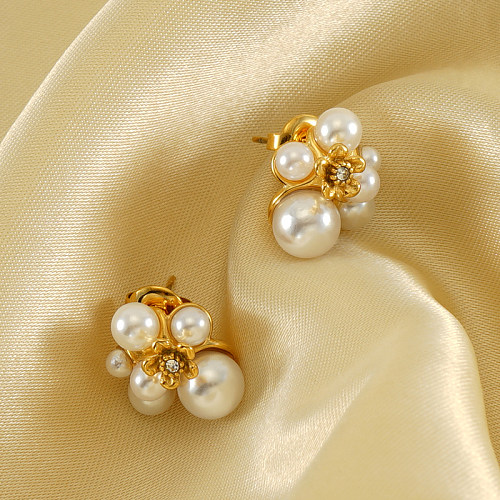 1 Paar Ohrstecker im Vintage-Stil, Blumen-Polierbeschichtung, künstliche Perlen aus Edelstahl, 18 Karat vergoldet