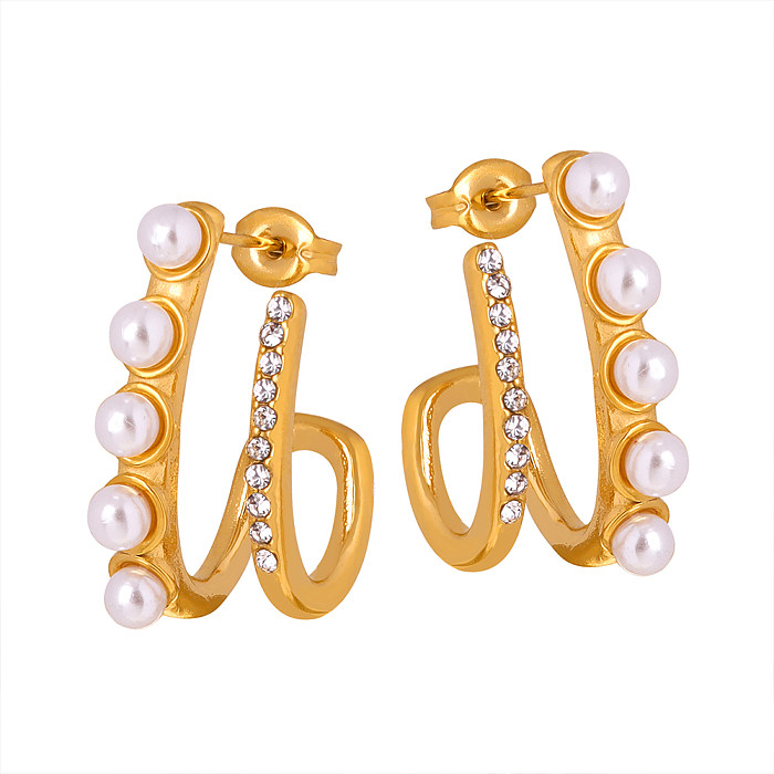 1 Paar elegante Ohrringe im Barock-Stil mit geometrischer Beschichtung, Inlay aus Edelstahl, künstlichen Perlen, Zirkon, 18 Karat vergoldet