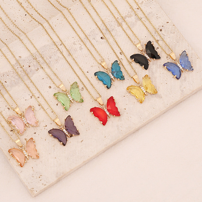 Fairy Style Butterfly Stainless Steel  Necklace Inlay Crystal Stainless Steel  Necklaces 1 Piece