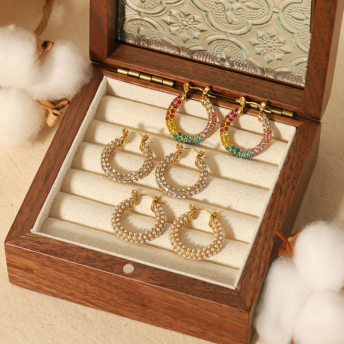 1 Paar elegante Streetwear-Ohrringe mit runder Polierbeschichtung und Inlay aus Edelstahl mit Zirkon und 18 Karat Gold