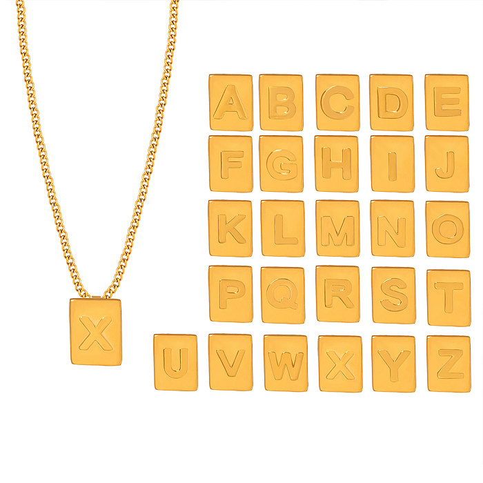 Collar con colgante chapado en oro de 18 quilates, estilo informal, sencillo, con letras rectangulares, chapado en acero inoxidable