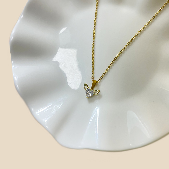 Commute Heart Shape Stainless Steel  Epoxy Plating Inlay Zircon White Gold Plated Pendant Necklace