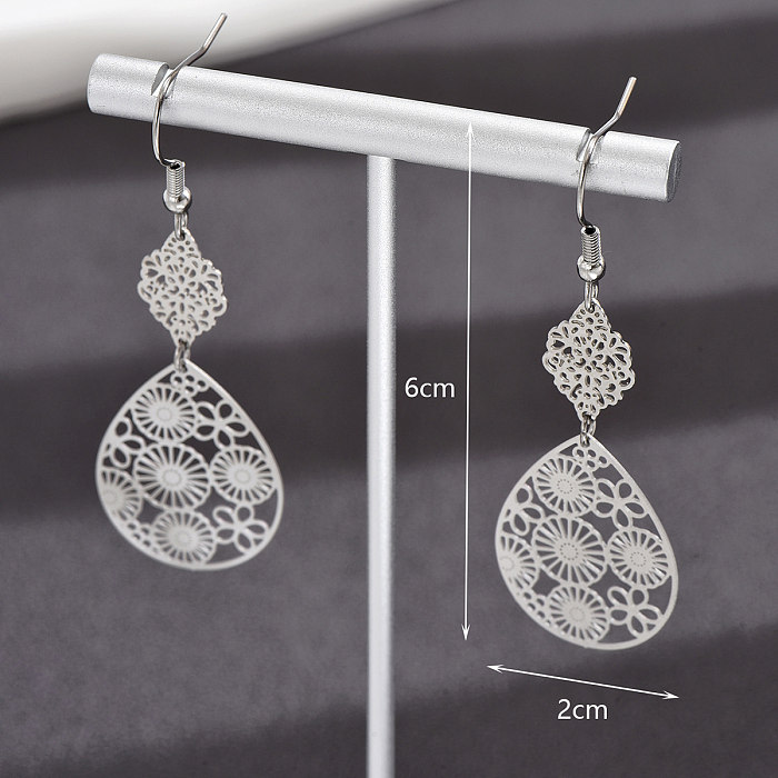 1 Pair Fashion Water Droplets Flower Stainless Steel  Hollow Out Drop Earrings