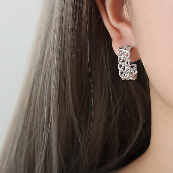 1 paire de boucles d'oreilles élégantes rétro luxueuses avec incrustation de placage géométrique en acier inoxydable et Zircon plaqué or 18 carats