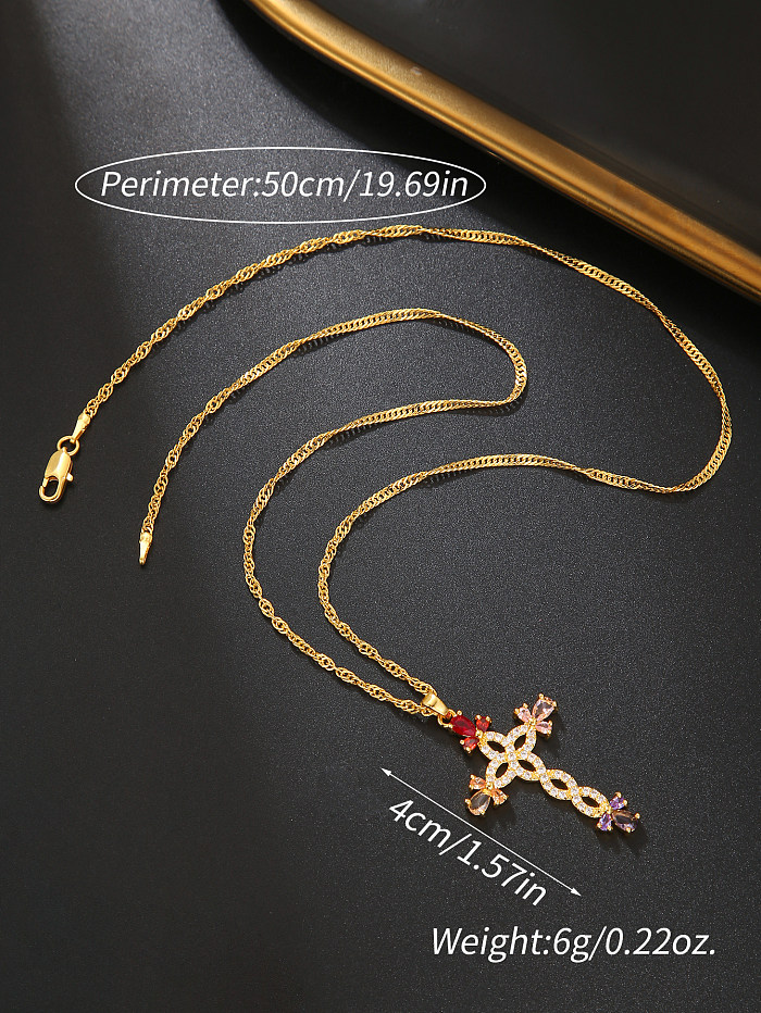 Collar con colgante chapado en oro de 18 quilates con incrustaciones de acero inoxidable y cruz de estilo simple
