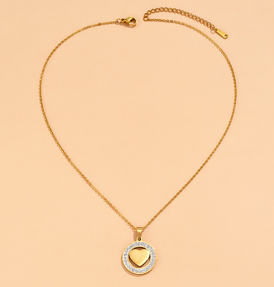 Modische Halskette mit Anhänger in runder Herzform aus Edelstahl mit Inlay und Strasssteinen, 1 Stück