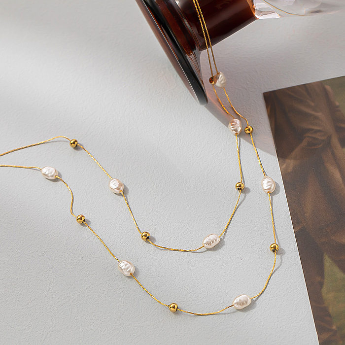 Colliers superposés plaqués de perles en acier inoxydable Lady Pearl