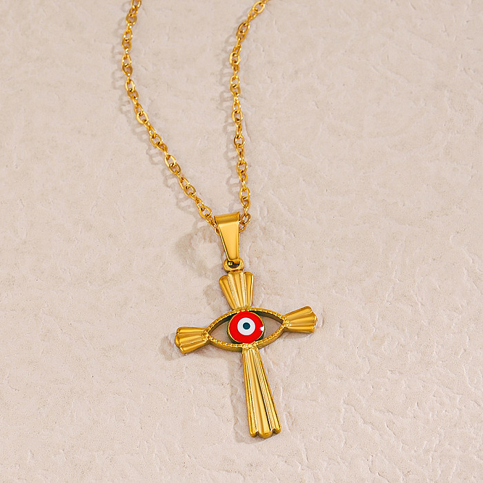 Streetwear Cross Devil'S Eye Halskette aus Edelstahl mit Emaille-Beschichtung und 18 Karat vergoldet