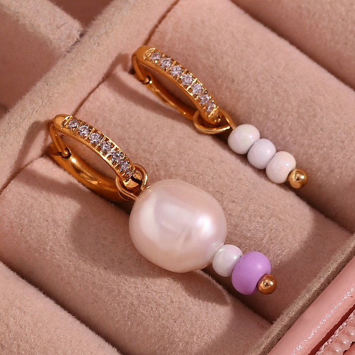1 Pair Elegant Asymmetrical Pearl Plating Inlay Stainless Steel  Rhinestones 18K Gold Plated Drop Earrings