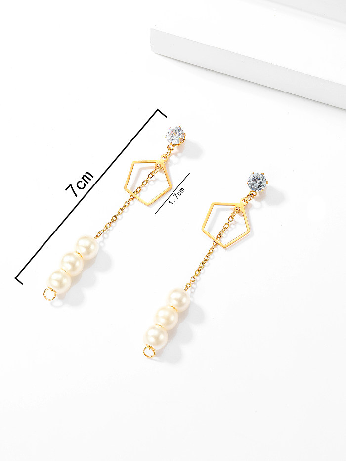 1 paire de boucles d'oreilles pendantes en acier inoxydable, style simple et décontracté, trèfle à quatre feuilles, soleil, imitation de perles, pompon, incrustation de zircone plaqué or