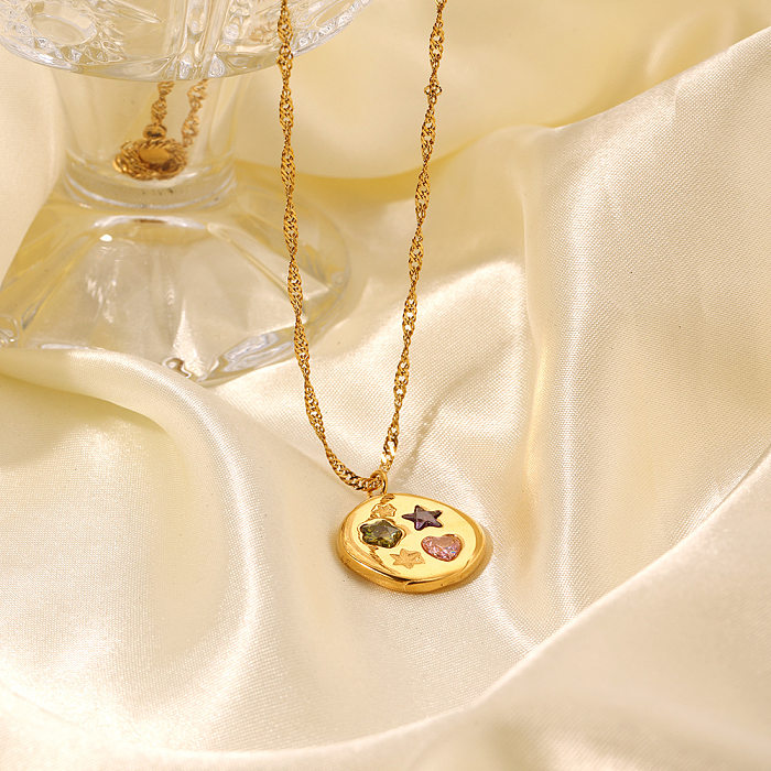 Collier pendentif plaqué or 18 carats en Zircon, Style Simple, étoile, forme de cœur, fleur, incrustation en acier inoxydable