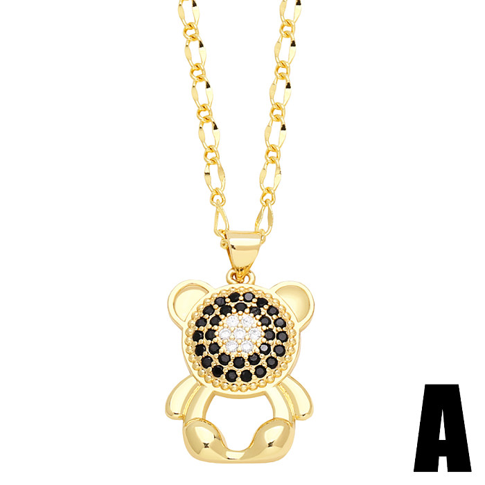 Cute Modern Style Little Bear Panda Stainless Steel  Copper Plating Inlay Zircon 18K Gold Plated Pendant Necklace