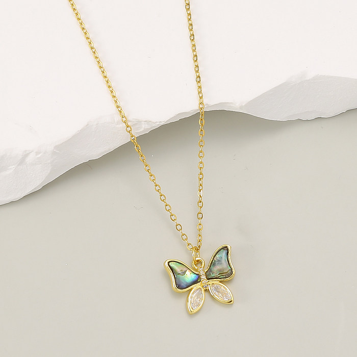 Vintage Style Butterfly Stainless Steel  Plating Inlay Zircon Abalone Shell 18K Gold Plated Pendant Necklace