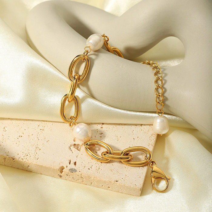 Pulseras chapadas en oro de 18 quilates con revestimiento de perlas de agua dulce de acero inoxidable de color sólido de estilo francés