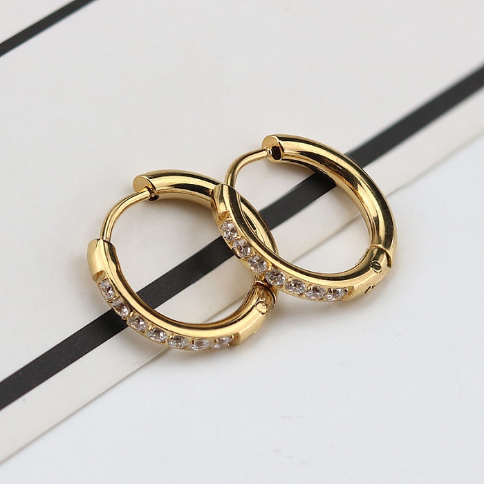 1 Pair Simple Style Circle Stainless Steel Inlay Zircon Earrings