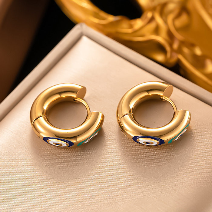 1 par de pendientes de aro chapados en oro de 18 quilates de acero inoxidable con esmalte de ojo de diablo de estilo moderno